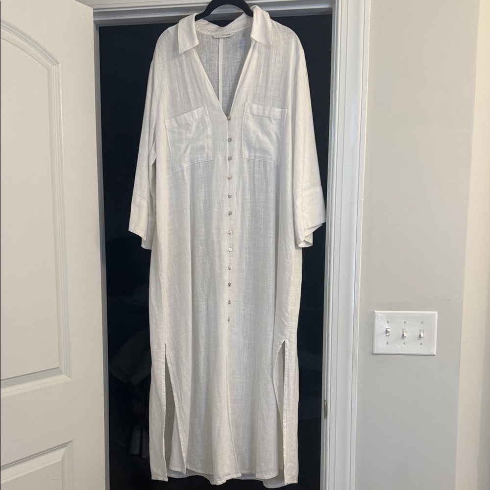 Zara White Linen Blend Button-Front Maxi Shirt Dress